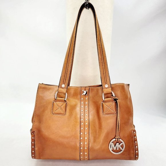 Michael Kors Handbags - MICHAEL KORS Astor Large Studded Distressed Leather Shoulder - Hobo Bag Tan